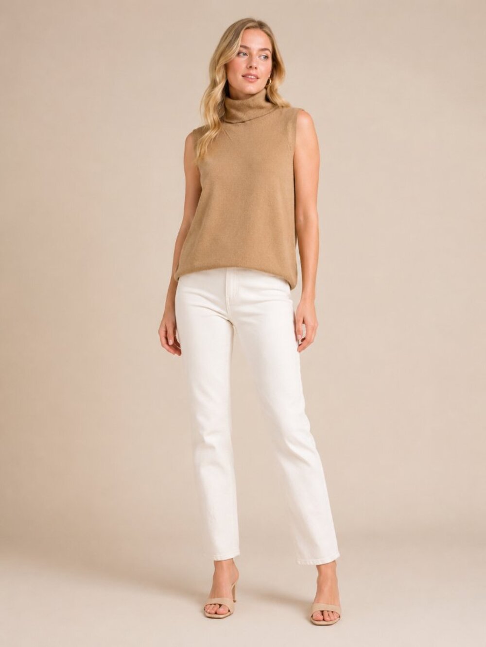 TAHARI Extrafine Merino Wool Turtleneck Knit Shell Camel Small #A4246
